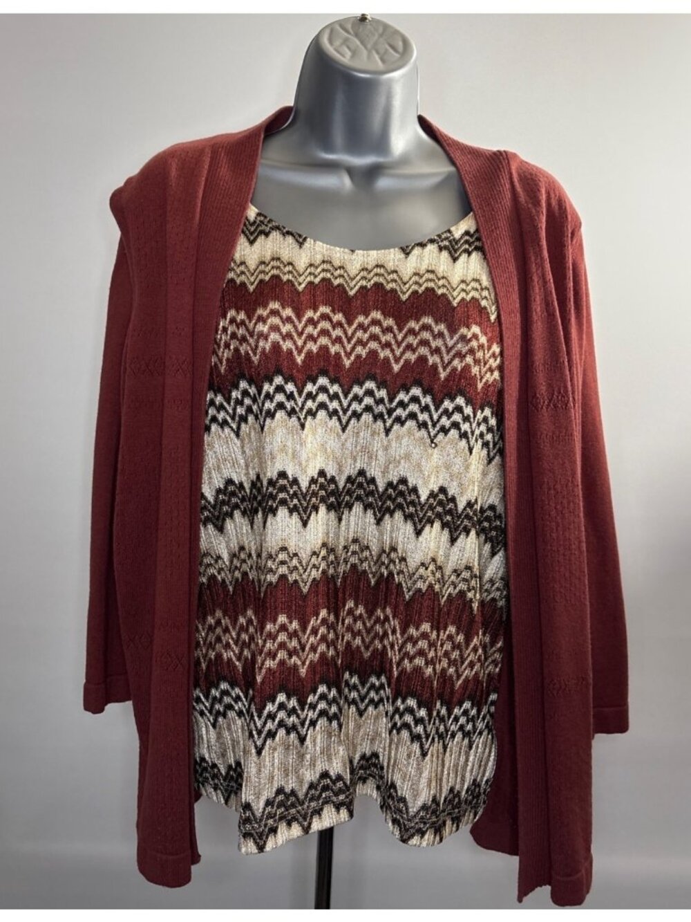 Alfred Dunner Chevron Layered Top Womens Petite Cardigan Rust Gold Tan Patterned